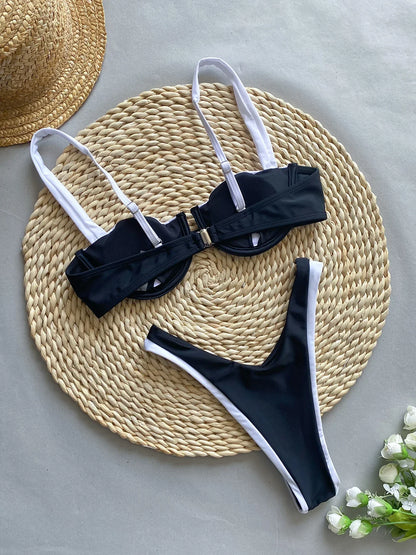 2025 New Sexy Black And White Patchwork Bikini Set Swimsuit For Women Push Up Swimwear Female Two Pieces Bathing Suit Beachwear