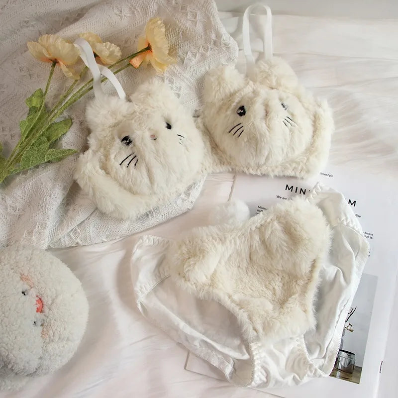 Cute Bear Underwear Winter Plush Cartoon Comfortable Bra & Brief Sets Women's Intimates Thermal Bra Gathers Sleepwear Lingerie