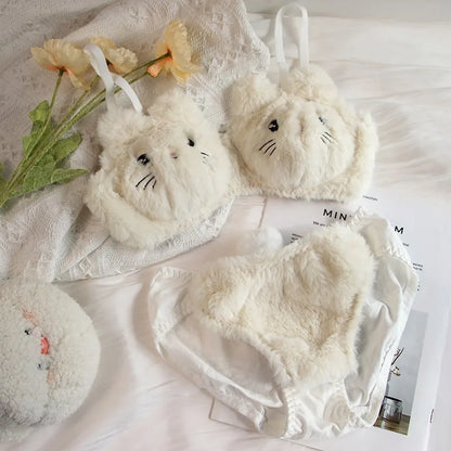 Cute Bear Underwear Winter Plush Cartoon Comfortable Bra & Brief Sets Women's Intimates Thermal Bra Gathers Sleepwear Lingerie