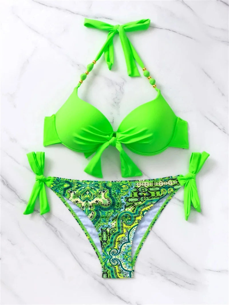 Summer Bikini New Underwired Bra Push Up Swimsuit Women Chest Knot Bow Bathing Suit Outfits Ties Swimwear Women Swimming Suit XL