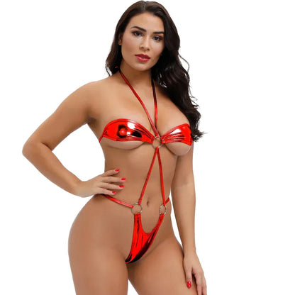Women Swimwear Mini Bikini Bathing Suit Halter Lingerie Set Women's G String Thong PU Leather Underwear Erotic Tiny Swimwear