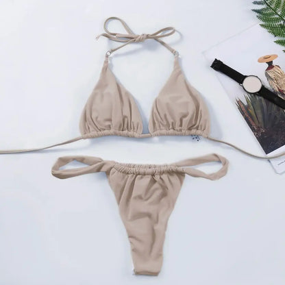 Women Bikini Set Low-cut Pleated Push Up Backless sexy hot girls Bikini Set Lace Up High Waist Halter Neck Bathing Suit Swimwear