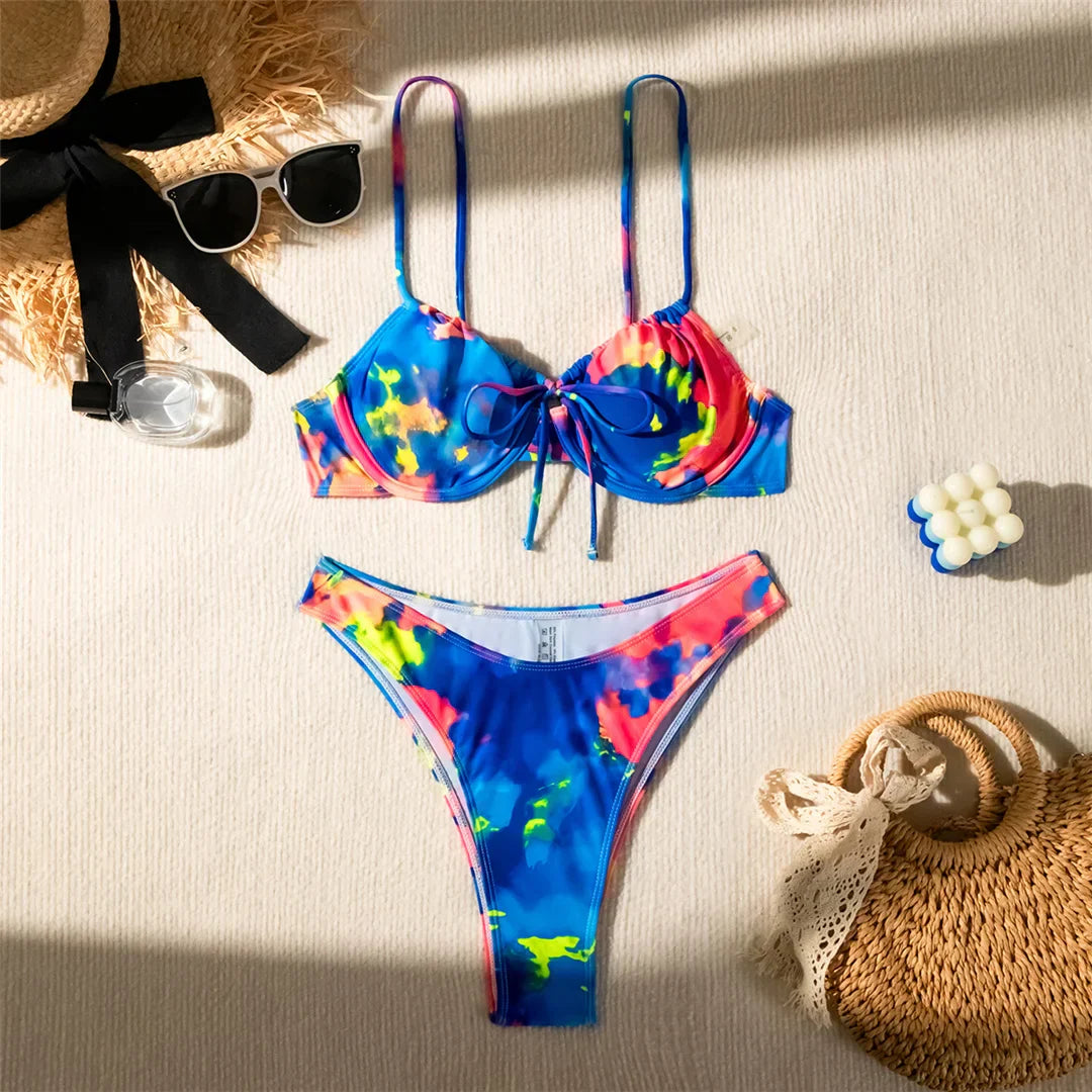 Colorful Printed Underwired Brazilian Bikini Female Swimsuit Women Swimwear Two-pieces Bikini set Bather Bathing Suit Swim V5340