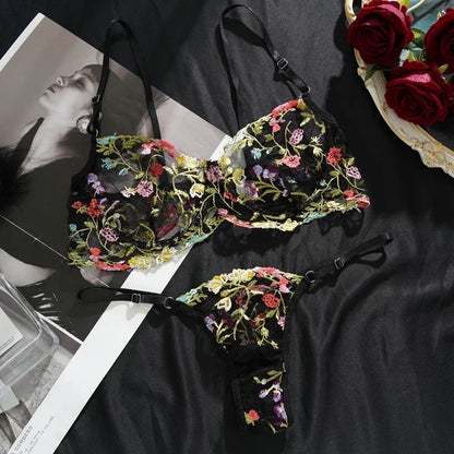 Floral Embroidery Lace Bras Set Women Sheer 2-Piece Sexy Bra + Panties Lingerie Fashion Underwear Set Intimates