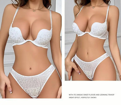 Logirlve Women's Fashion Backless Bra Set Invisible Push up Lingerie C/D Cup Deep U Plunge Brassiere Underwear Sexy Plunge Bra