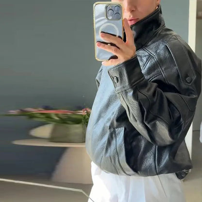 Stand Collar Women's Jacket Full Sleeve Double Button Solid Female Leather Jackets 2025 Autumn Fashion High Street Lady Outwears