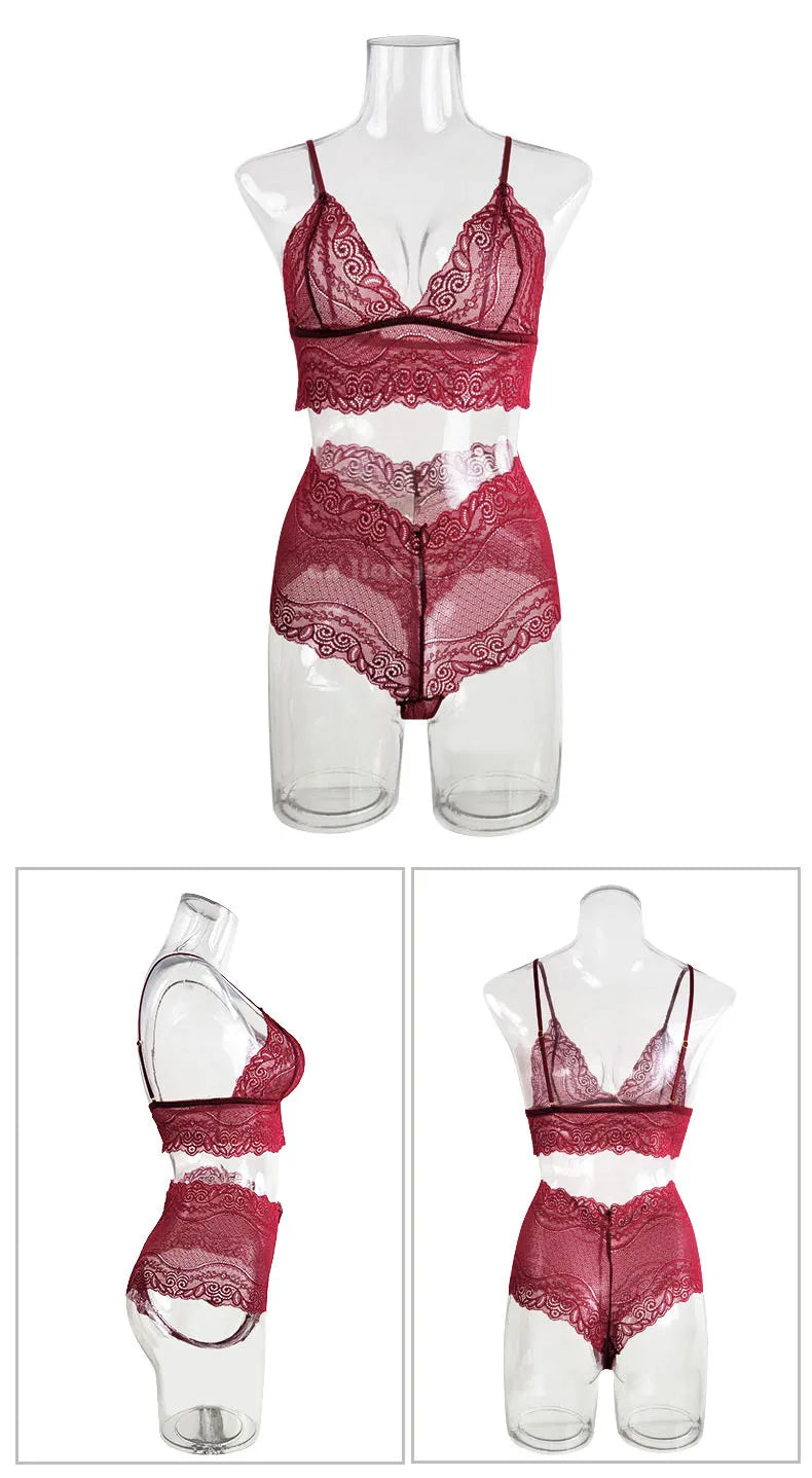 Women's Sexy Sheer Lace Robe+Lace Bra+Panty Lingerie Set See Through Kimono Lingerie Dress Lace Gown Sleepwear