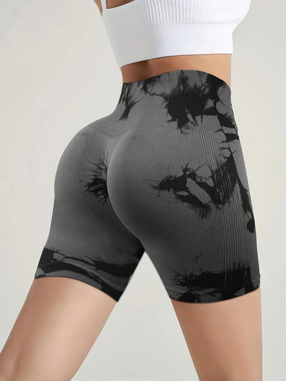 2pcs Women's High-Waist Tie-Dye Yoga Shorts - Seamless, Booty Lifting, Stretchy Nylon & Spandex Blend, Red & Grey