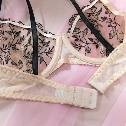 SINGREINY Floral Embroidery Underwear 3pcs Suits 2025 Female Strap Sheer Bra+Sheer Thongs Spliced Mesh Sexy Club Lingerie Sets