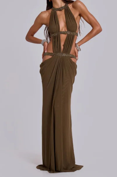 Women Sexy Hollow Out Sequin Halter Maxi Dresses Fashion Pleated Backless Sleeveless Slim Dress Chic New Lady Evening Party Gown