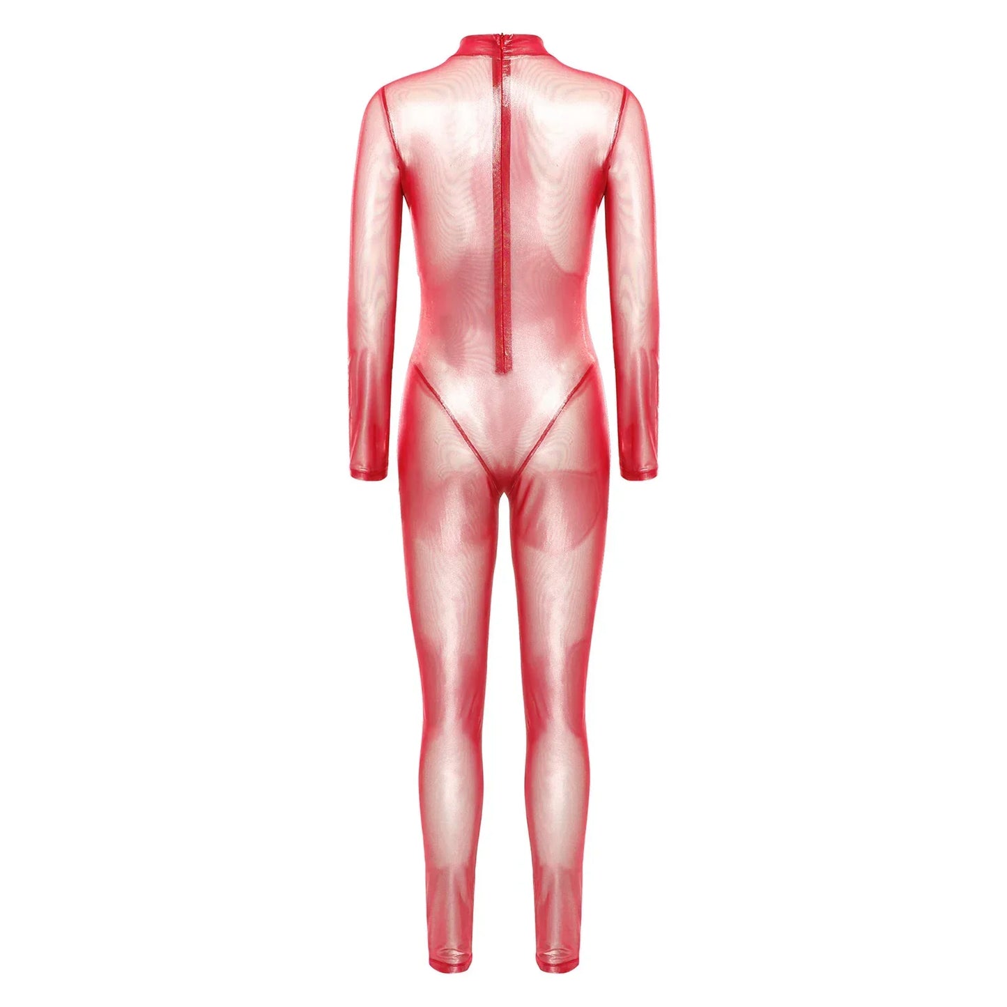 Women Metallic Shiny Full Body Unitards Sheer Rave Party Nightclub Jumpsuit Long Sleeve Long Pants Back Zipper Catsuit Clubwear