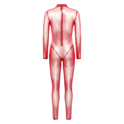Women Metallic Shiny Full Body Unitards Sheer Rave Party Nightclub Jumpsuit Long Sleeve Long Pants Back Zipper Catsuit Clubwear
