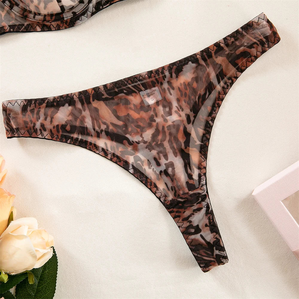 Krasapt Sexy Leopard Printing Lingerie 2Pcs Sets Ultrathin Mesh Transparent Bras And Panties Comfortable Intimate Undwear Set