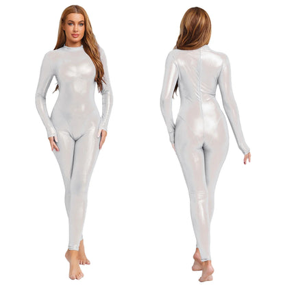 Women Metallic Shiny Full Body Unitards Sheer Rave Party Nightclub Jumpsuit Long Sleeve Long Pants Back Zipper Catsuit Clubwear
