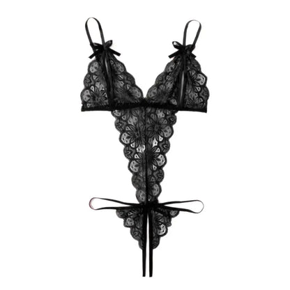 Sweet Deep V Neck Lace Bow Bodysuit Mesh Hollow Transparent Women Lingerie Jumpsuits Sleeveless Lace Sling Nightwear Gifts
