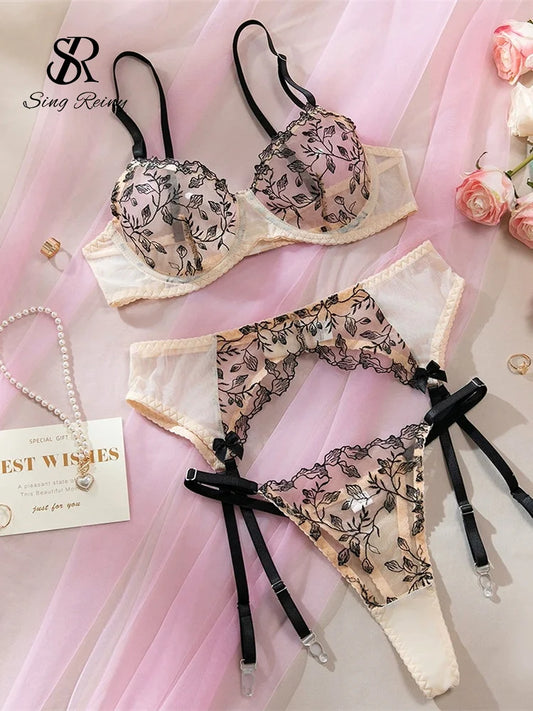 SINGREINY Floral Embroidery Underwear 3pcs Suits 2025 Female Strap Sheer Bra+Sheer Thongs Spliced Mesh Sexy Club Lingerie Sets