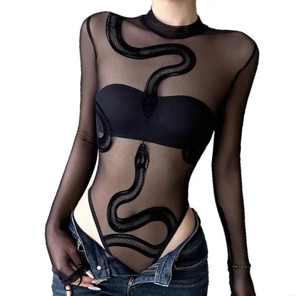 Womens Mesh Long Sleeve Bodysuit Round Neck Sheer Leotards Clothing Snake Bodysuit Top with Snap Crotch Clubwear Gifts