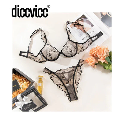 Diccvicc Sexy Bra 2 Pieces Leaf Inspired Lace Pattern Sheer Mesh Low Rise Panty Women Underwear Set See Through Daring Lingerie