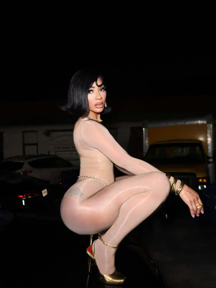 Tight Bodysuit Woman Jumpsuits Long Sleeve Sexybodysuit One Piece Sheer See Through Full Body Sexy Baddies Midinight Catsuit