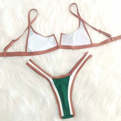 Contrast Vne Open Ba Thong Bikini Women's Patchwork ort Sve Overhead ort Pants Two-Piece Set Polyester Material
