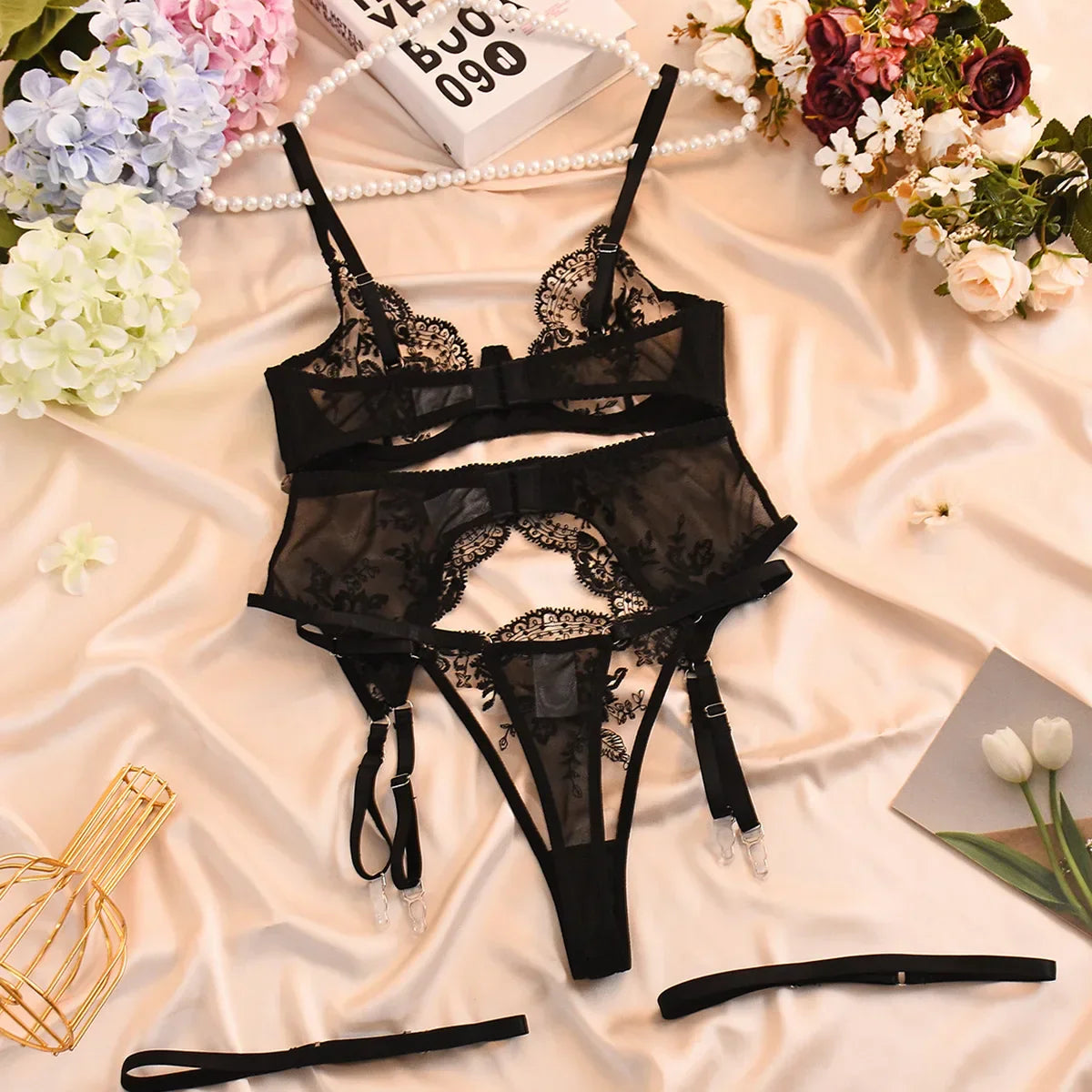 SINGREINY Female Sheer Gauze Lingerie Set Sexy Transparent Embroidery Bra&Brief Sets Ladies Hollow Out Erotic Underwear Suits