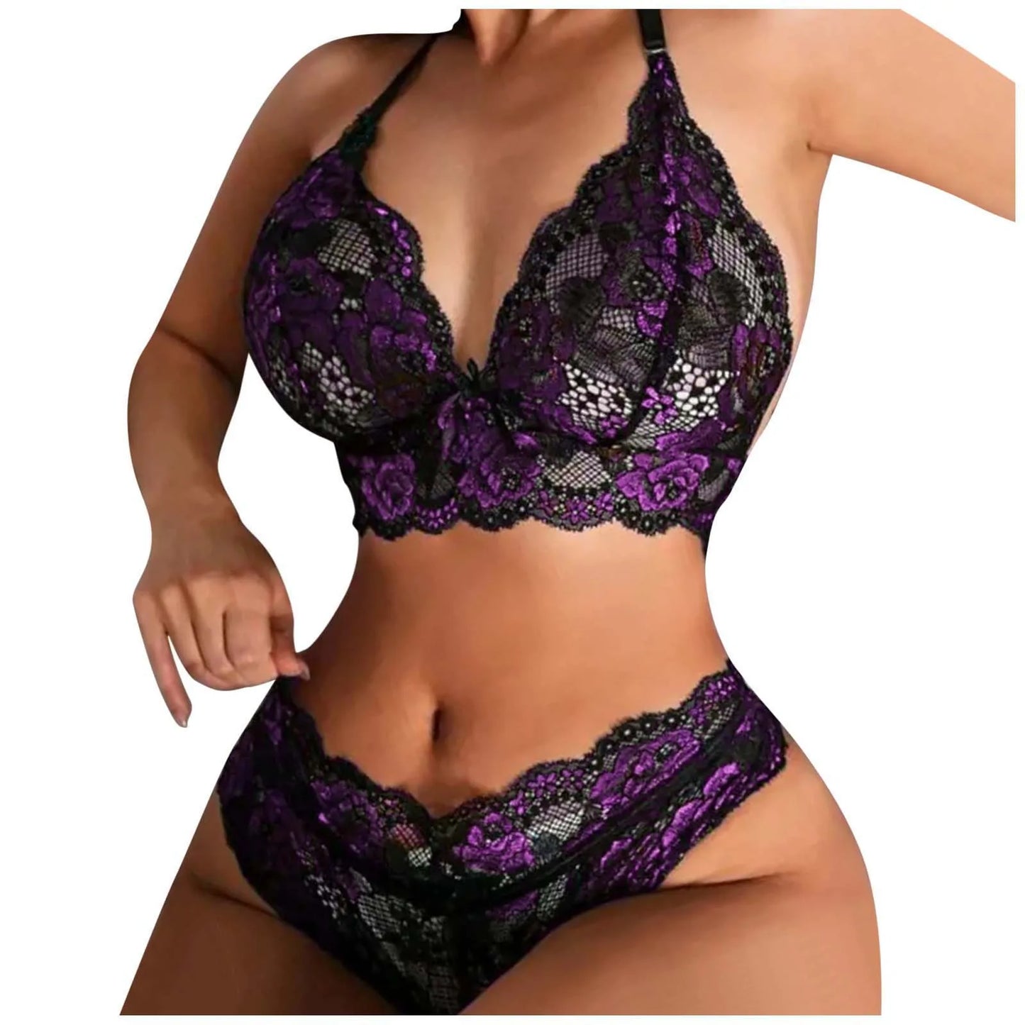 Womens Sexy Lingerie Two Piece Lace Three Point Big Breast Underwear Bowknot Lace Floral Fancy Porn Bra Brief Set Porno Ropa