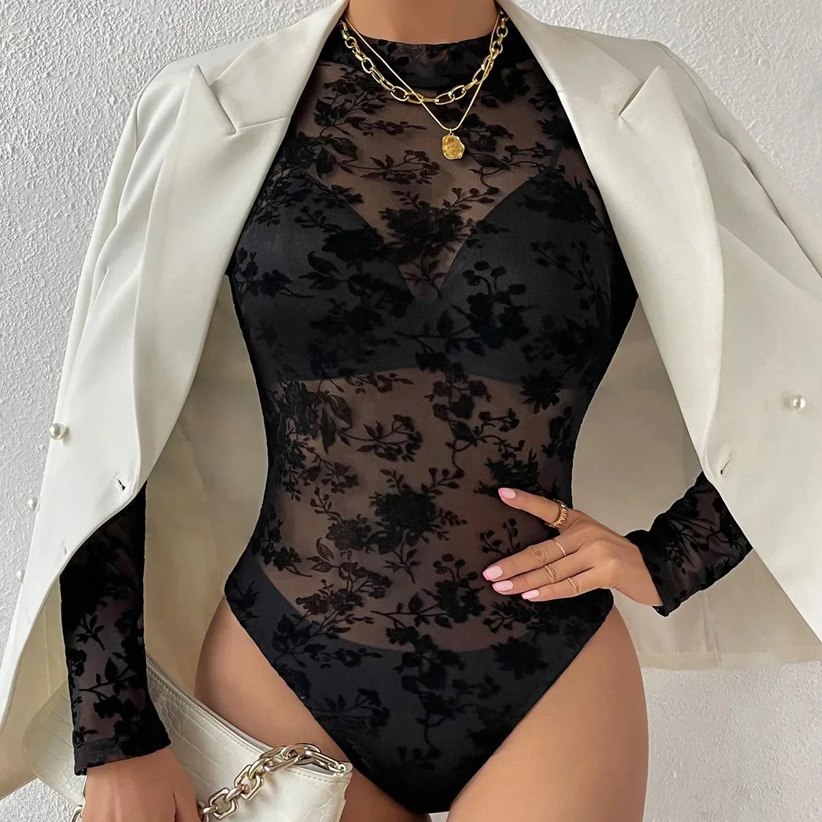 Sexy Women's Black Floral Flocking Sheer Mesh Mock Neck Long Sleeve Bodysuit