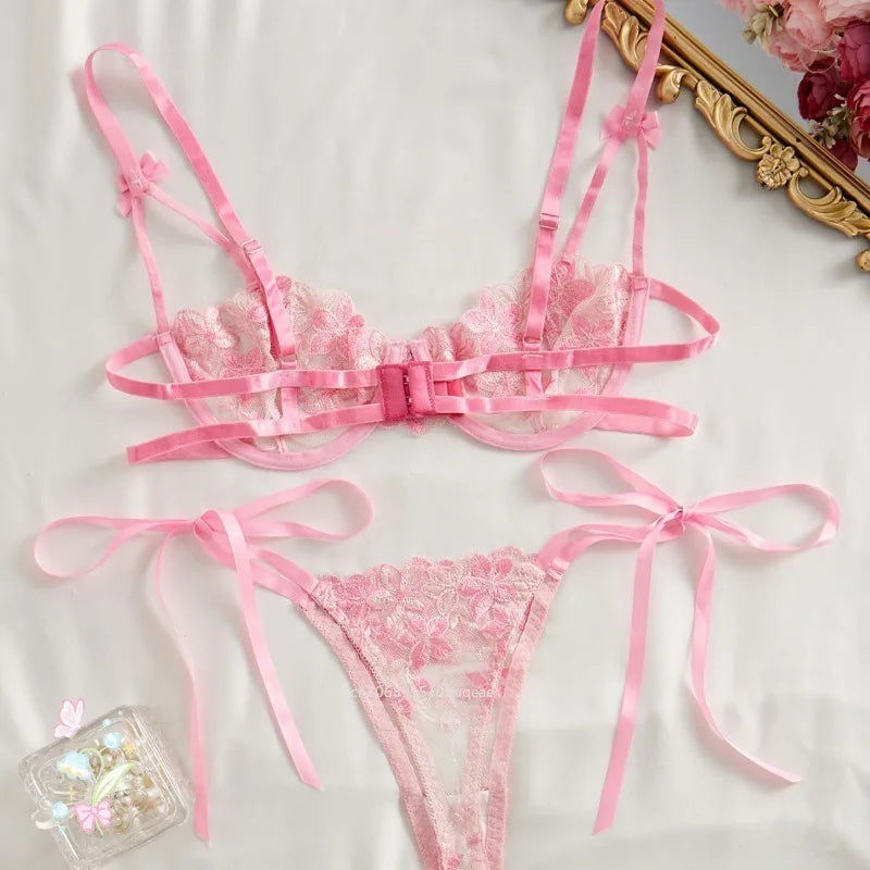 Floral Embroidery Transparent Mesh Bra Brief Sets Ultra Thin Straps Flowers Lace Sexy Lingerie Half Cup Woman Underwear 2025