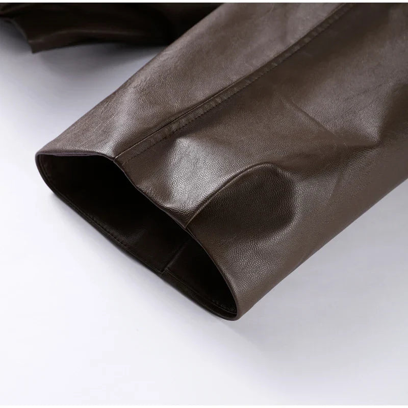 Street Stand Collar Women's Leather Jacket Loose Long Sleeve Zipper Pockets Chic Female Coats 2025 Autumn Winter Lady Outerwear
