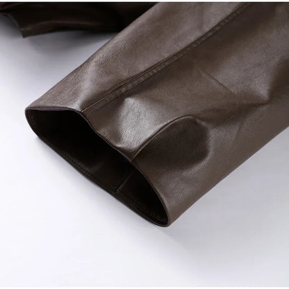 Street Stand Collar Women's Leather Jacket Loose Long Sleeve Zipper Pockets Chic Female Coats 2025 Autumn Winter Lady Outerwear