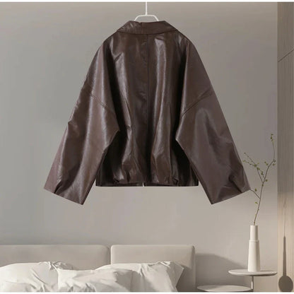 Street Stand Collar Women's Leather Jacket Loose Long Sleeve Zipper Pockets Chic Female Coats 2025 Autumn Winter Lady Outerwear