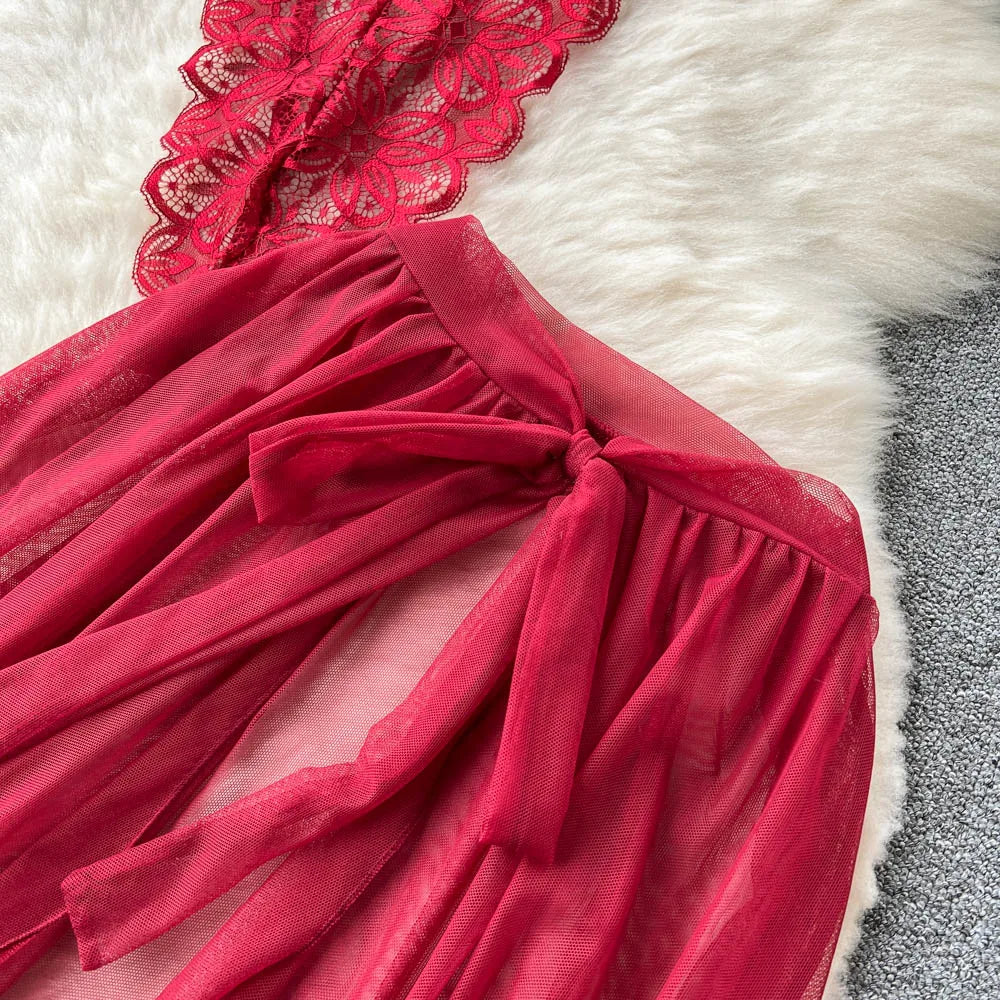 SINGREINY Lace Sensual Erotic Two Pieces Suits Camis Short Bodysuits Tops+Midi Long Mesh Chiffon Skirts Women Underwear Sets