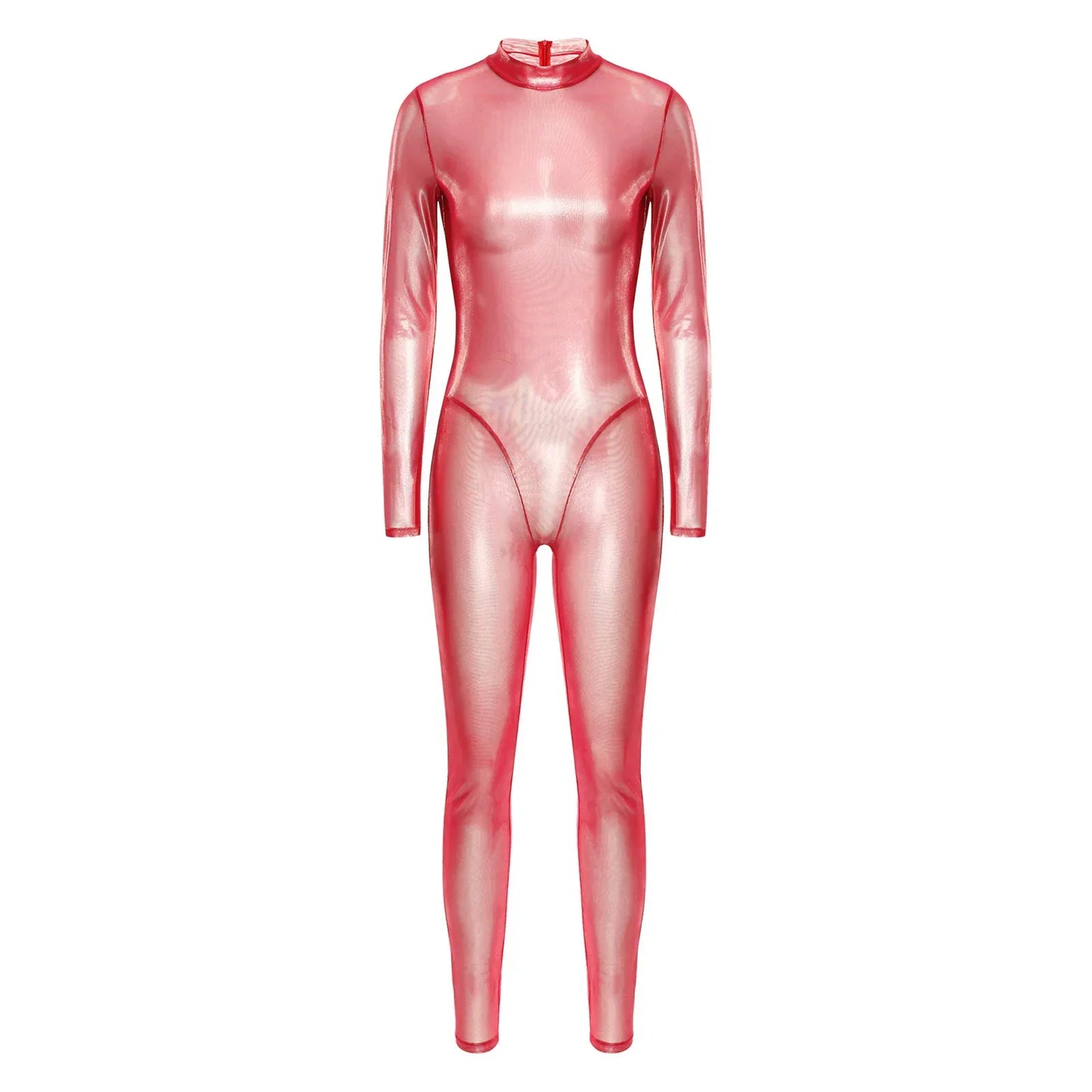 Women Metallic Shiny Full Body Unitards Sheer Rave Party Nightclub Jumpsuit Long Sleeve Long Pants Back Zipper Catsuit Clubwear