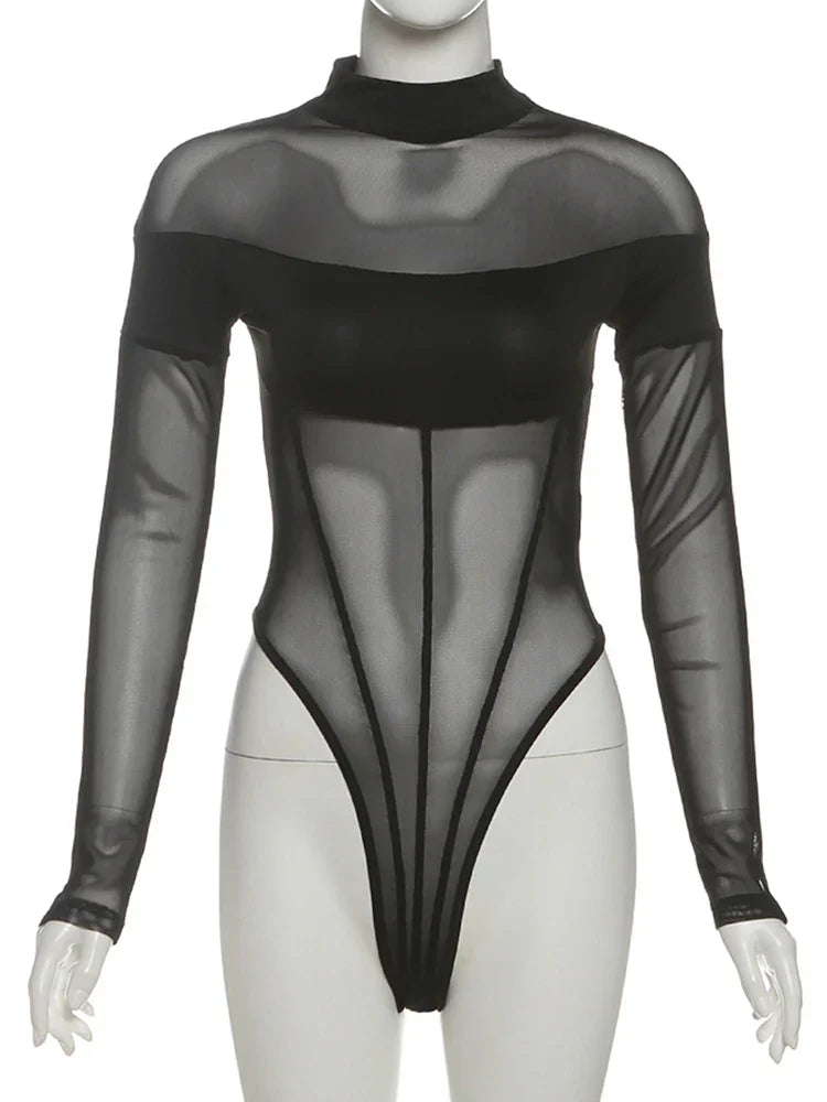 Sisterlinda See Through Sexy Bodysuit Women Coquette Wild Mesh Hipster Patchwork Full Sleeve Midnight Stretch Street Clubwear