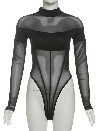 Sisterlinda See Through Sexy Bodysuit Women Coquette Wild Mesh Hipster Patchwork Full Sleeve Midnight Stretch Street Clubwear