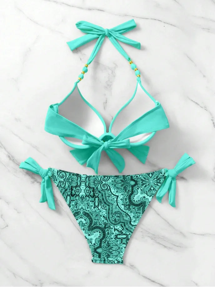 2024 New Print 2-piece Swimsuit for Women,hard Cup Suspender Push Up Bikini Set,summer Beach Vacation Backless Bathing Suit