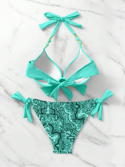 2024 New Print 2-piece Swimsuit for Women,hard Cup Suspender Push Up Bikini Set,summer Beach Vacation Backless Bathing Suit