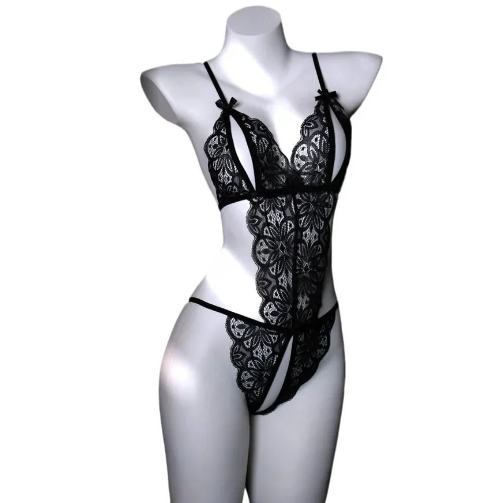 Sweet Deep V Neck Lace Bow Bodysuit Mesh Hollow Transparent Women Lingerie Jumpsuits Sleeveless Lace Sling Nightwear Gifts