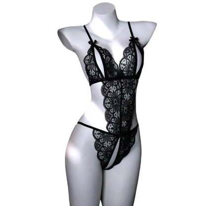 Sweet Deep V Neck Lace Bow Bodysuit Mesh Hollow Transparent Women Lingerie Jumpsuits Sleeveless Lace Sling Nightwear Gifts