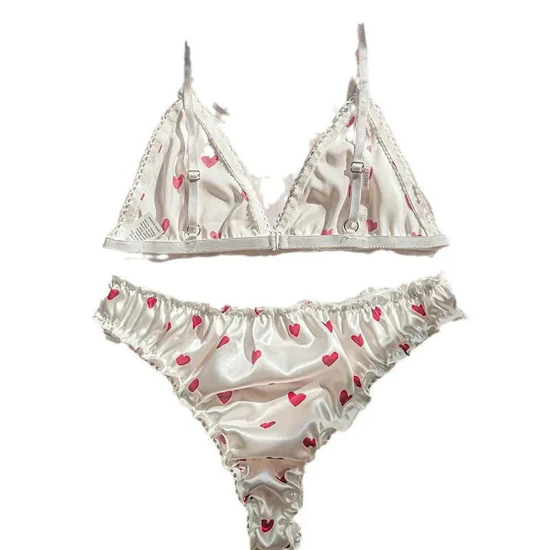 Sexy Women's Lingerie Heart Printed Lingerie Sets Satin Silk Bra Panties Pajamas Set Soft Sleepwear Erotic Babydolls Costumes