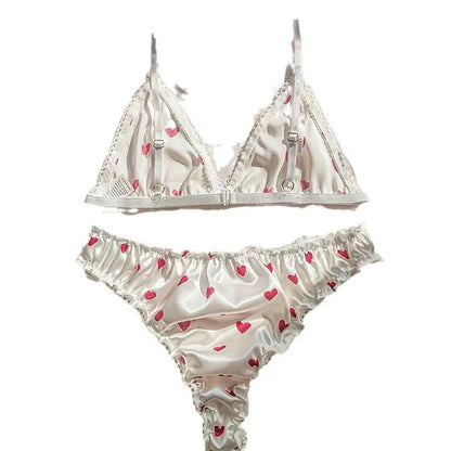 Sexy Women's Lingerie Heart Printed Lingerie Sets Satin Silk Bra Panties Pajamas Set Soft Sleepwear Erotic Babydolls Costumes