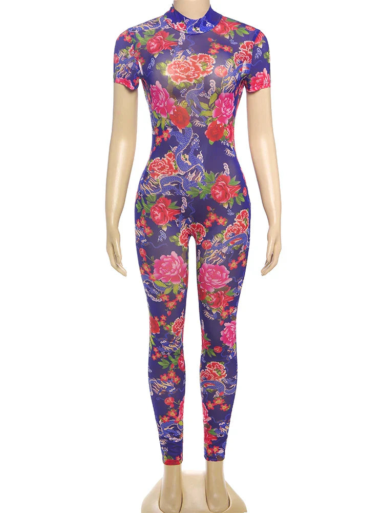 kliou Aesthetic Printed Women Jumpsuits Fashion Sexy Panelled Short Sleeve Backless Stand Collar Slim Overalls Mujer Clubwear