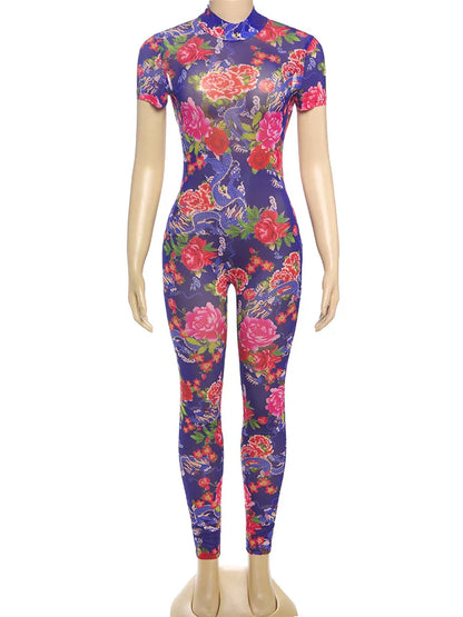 kliou Aesthetic Printed Women Jumpsuits Fashion Sexy Panelled Short Sleeve Backless Stand Collar Slim Overalls Mujer Clubwear