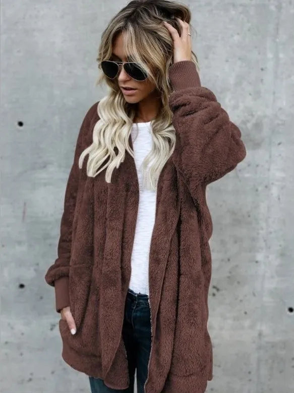 Autumn Winter Double Fleece Cardigan Jacket Women Solid Color Long Sleeve Plush Warm Hooded Lady Jacket Oversized Outerwear Coat