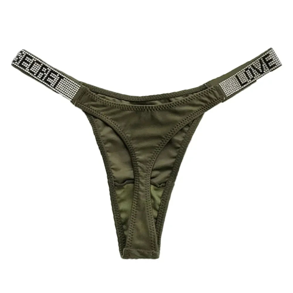 Sexy Triangle Fitness Sports With Letter Low Rise Briefs Sexy T-Back G-string Women Panties Rhinestone Thong