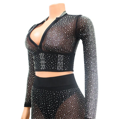 Doyerl Glitter Rhinestones Sexy Club Outfits Woman 2 Piece Set Mesh See Through Long Sleeve Cropped Top and Pants Suit Birthday