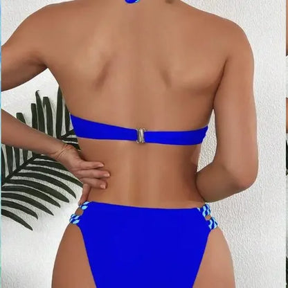2026 New Bikini Swimsuit Women's Split Solid Color Sexy Belt Steel Tray Bikini Swimsuit