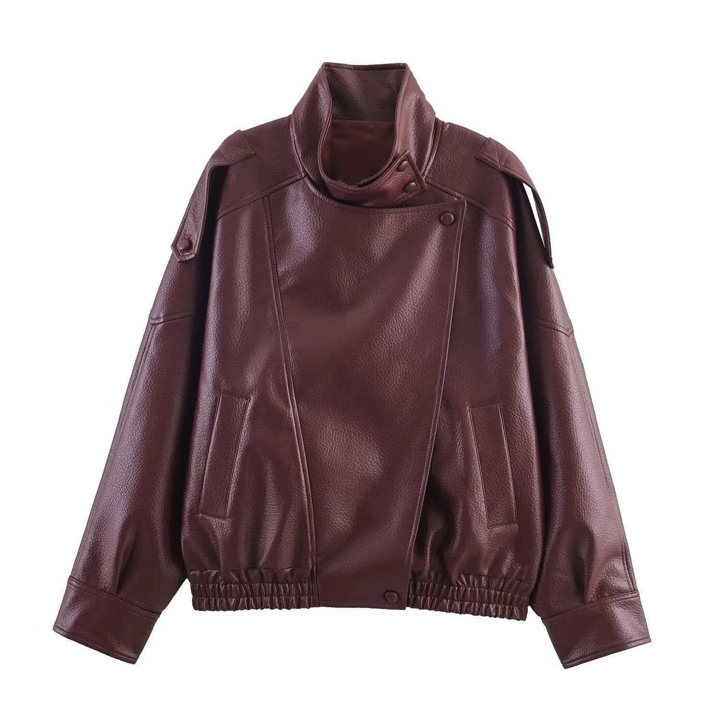 Stand Collar Women's Jacket Full Sleeve Double Button Solid Female Leather Jackets 2025 Autumn Fashion High Street Lady Outwears