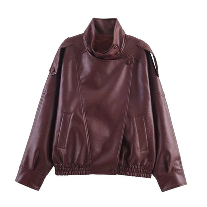 Stand Collar Women's Jacket Full Sleeve Double Button Solid Female Leather Jackets 2025 Autumn Fashion High Street Lady Outwears