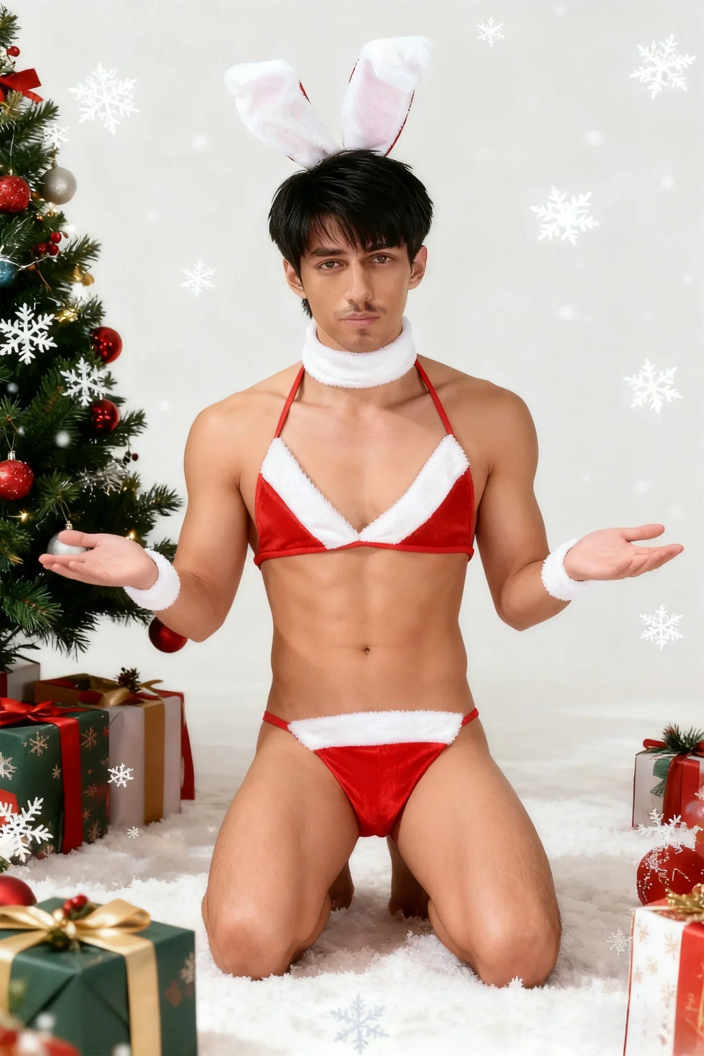 Erotic Lingerie Set Sexy Men Thong Christmas Underwear Man Bunny Ears Velvet Bikini Bra Sissy Crossdressing Cosplay Costume